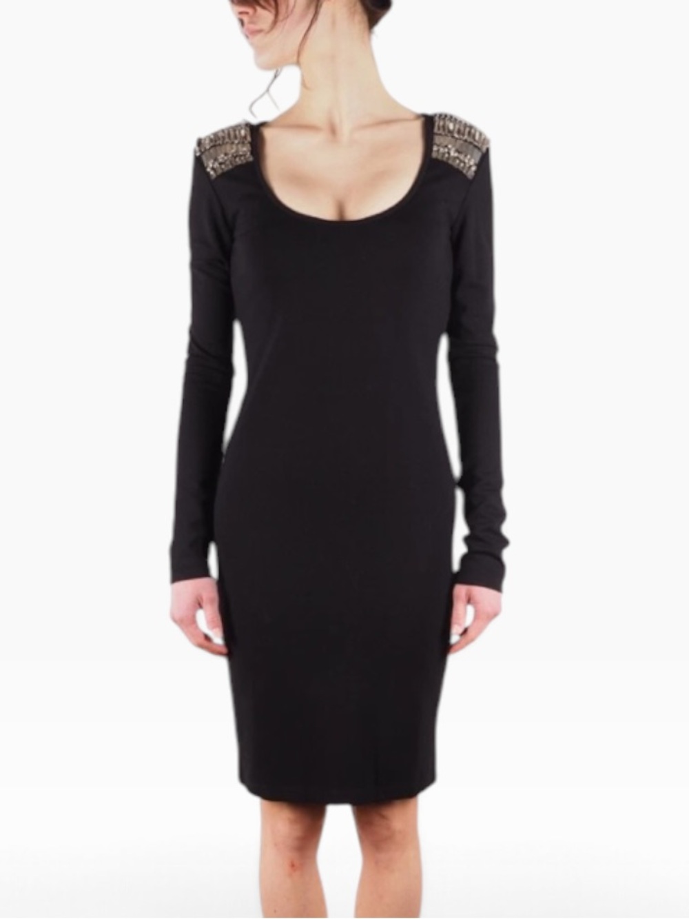 Alexander McQueen Black Long-Sleeve Bodycon Dress with Beaded Shoulders